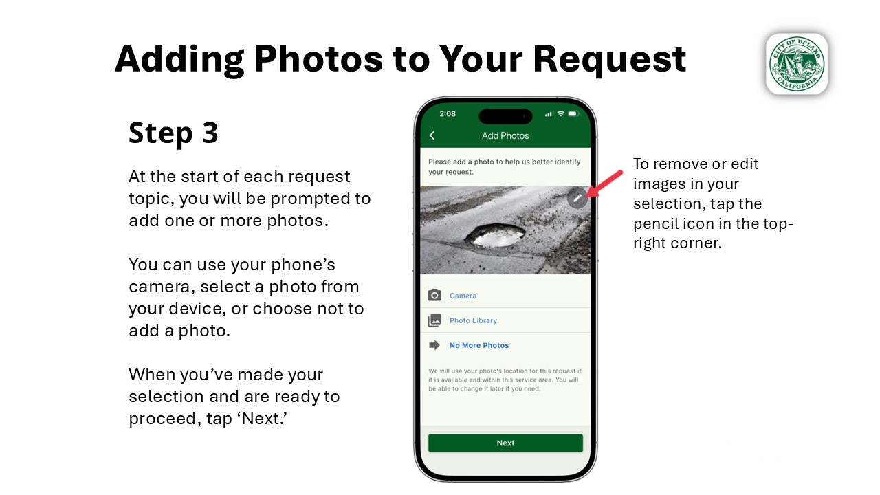 Instructions for adding photos to a service request using the camera or photo library and editing selected images before clicking 'next'